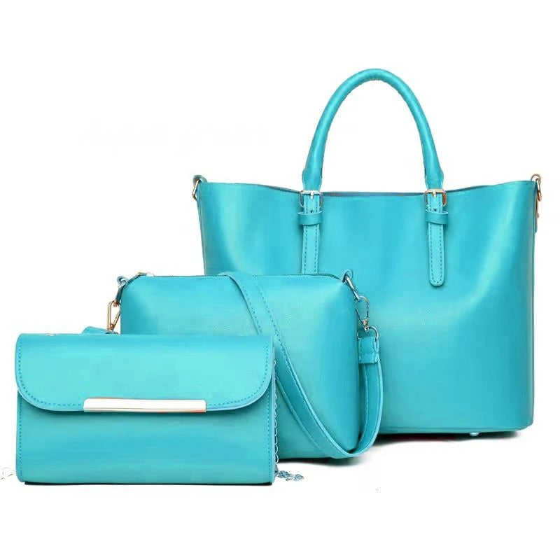 3-Piece Stylish Leather Bag Set for Women – Shoulder Bag, Mobile Pouch, and Cosmetic Pouch with Long Strap - Light Blue