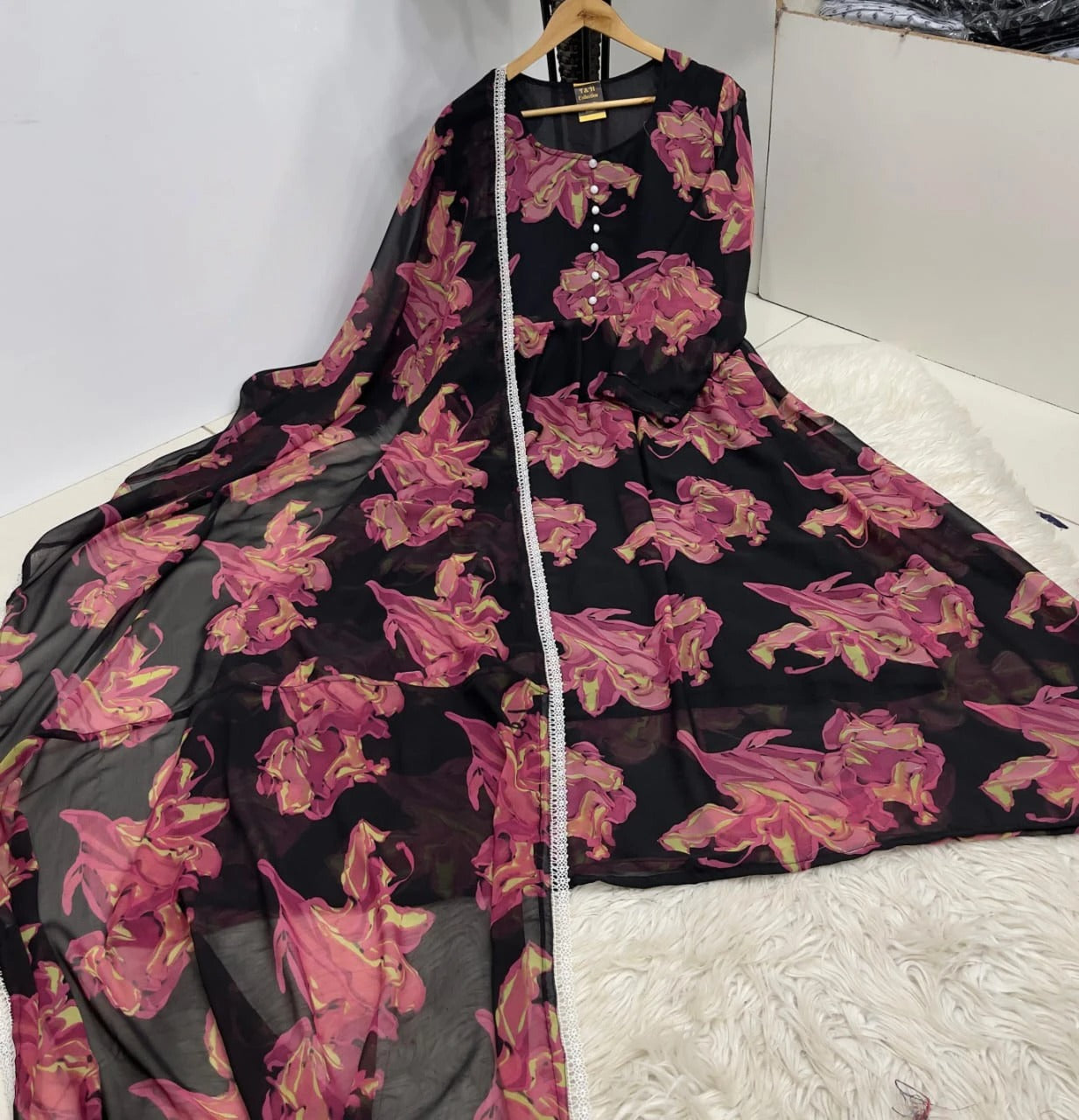 Elegant Floral Chiffon Maxi Dress with Matching Dupatta - #11