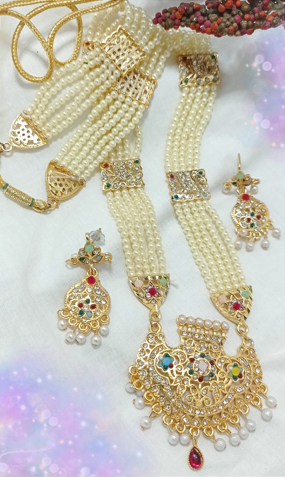 Elegant Nauratan Mala Necklace Set – Traditional Multi-Layer Pearl Jewelry with Kundan Accents - Multicolor