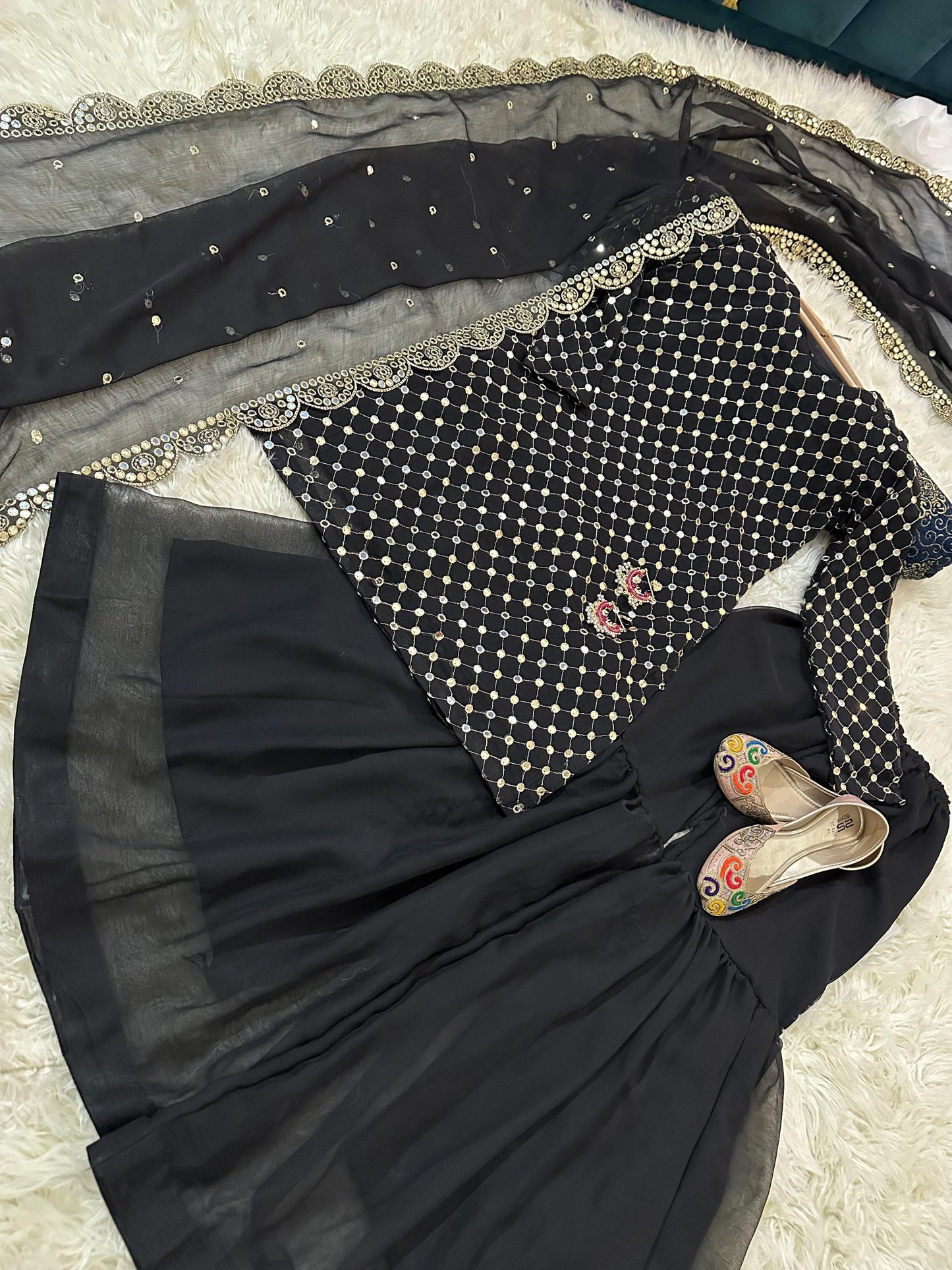 Luxury Black Chiffon Gharara Set | 3PC Formal Embroidered Dress | Party & Wedding Wear