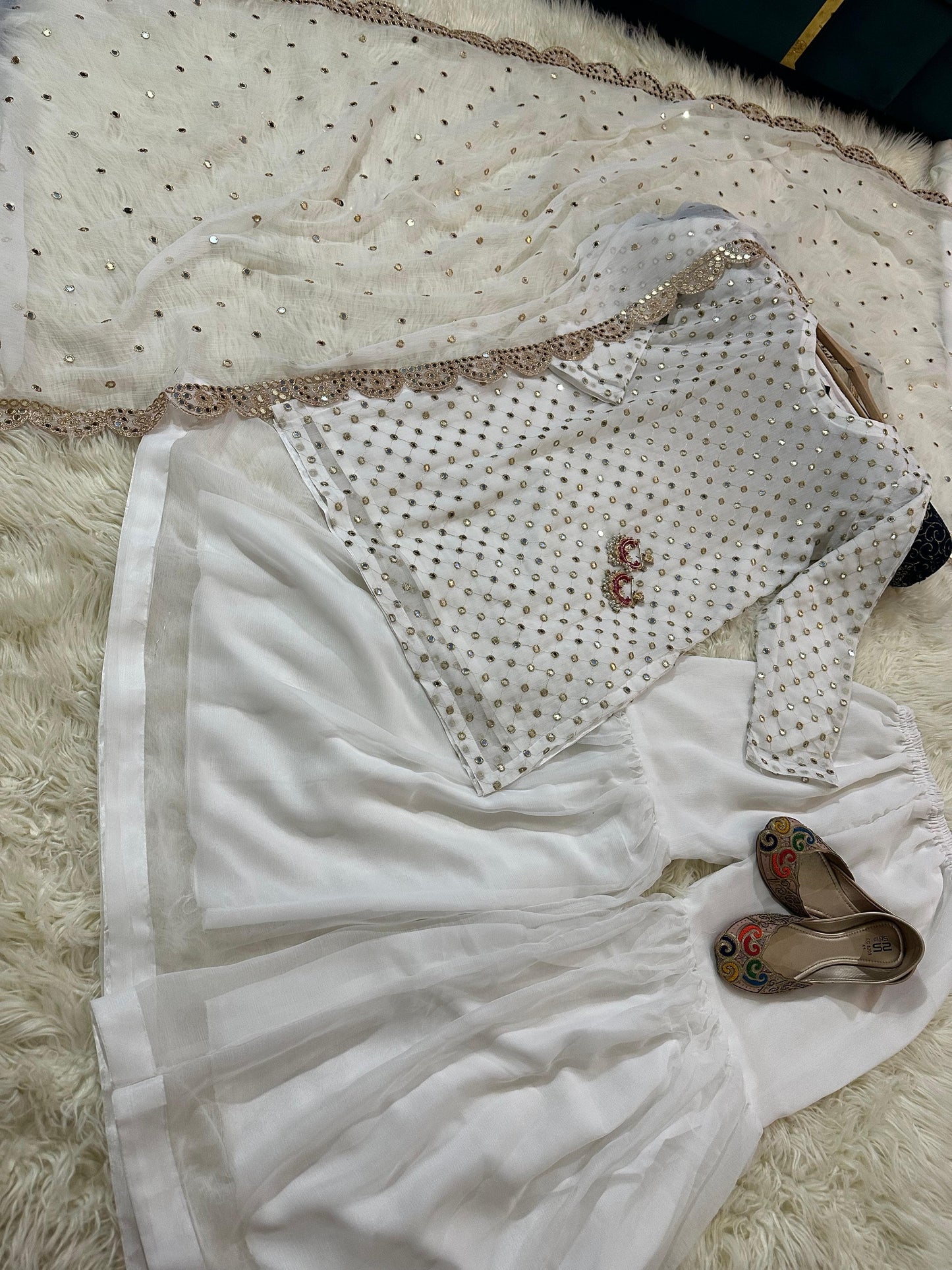 Luxury White Chiffon Gharara Set | 3PC Formal Embroidered Dress | Party & Wedding Wear